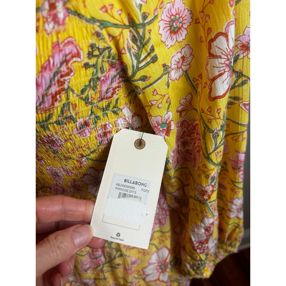 Billabong Mini Dress S Yellow Pink Floral Smocked NWT boho surf beach - Picture 3 of 8